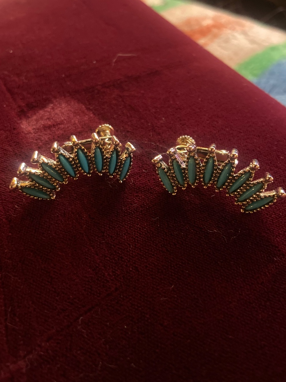 Vintage Gold and Turquoise Fan Ear Climbers